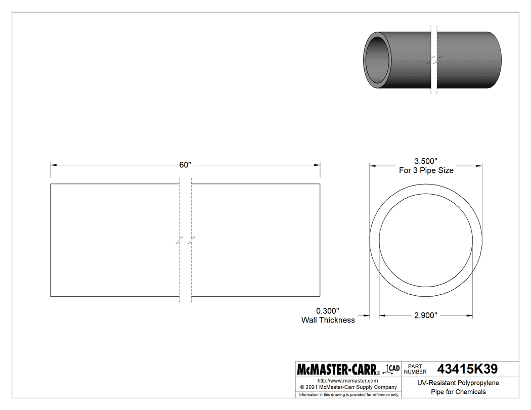 Technical Drawing of UV-Resistant Polypropylene Pipe for Chemicals, Unthreaded, 5 Feet Long, 3 Pipe Size.